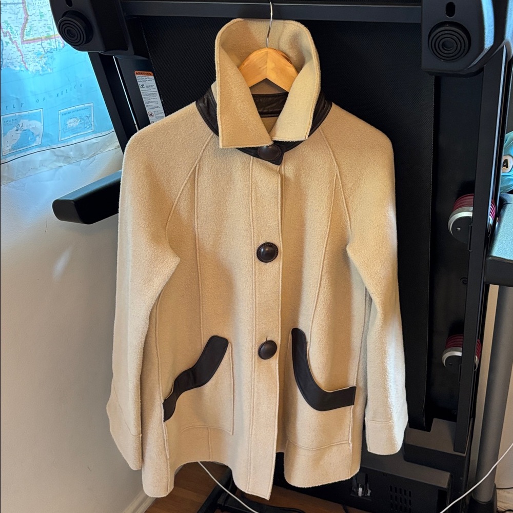 Vintage Jones New York Tan Coat with Brown Trim